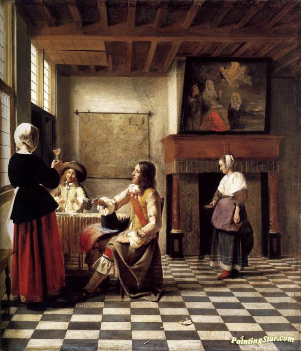 A Woman Drinking with Two Men Artwork by Pieter de Hooch