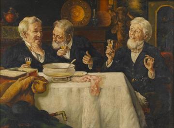 Three Men Dining Artwork by Talbot Hughes