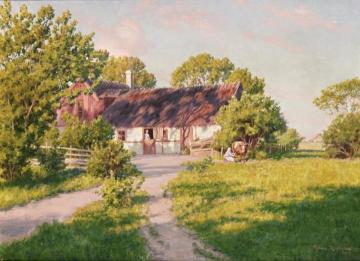 Old Farm with Woman Milking a Cow Artwork by Johan Krouthén