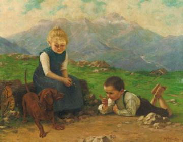 Two children on a mountain, educating a dachshund Artwork by Theodore Kleehaas