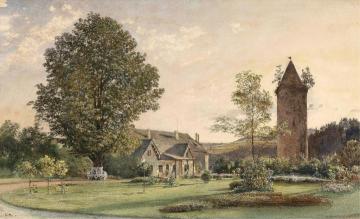 The cottage and the Jacobin tower in the park of the New Castle Rosenberg on the Vltava River Artwork by Rudolf von Alt