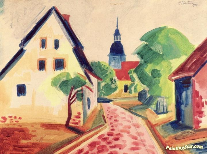 Village Street in Leba with Church Artwork by Hermann Max Pechstein