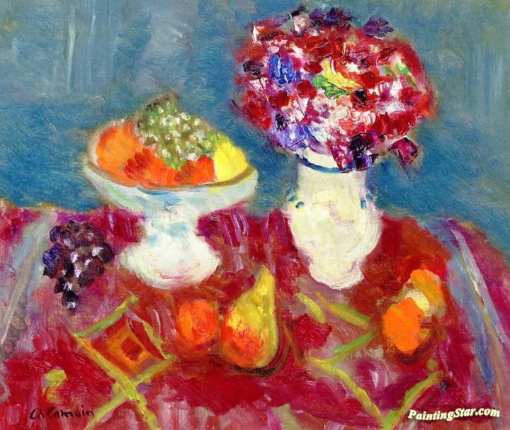 Compote with Fruit, White Grapes and Bouquet of Flowers on a Red Carpet Artwork by Charles Camoin