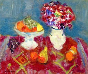 Compote with Fruit, White Grapes and Bouquet of Flowers on a Red Carpet Artwork by Charles Camoin