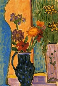 Still Life: Flowers With Blue Vases And Pink Wallpaper Artwork by Alexej Jawlensky