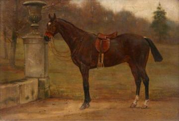 A Saddled Dark Bay Horse next to an Urn in a Garden Artwork by George Goodwin Kilburne