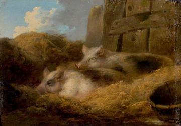 Two Pigs in Straw Artwork by George Morland