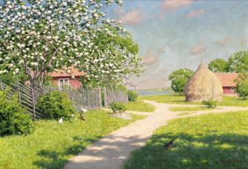 Cottage with haystack Artwork by Johan Krouthén