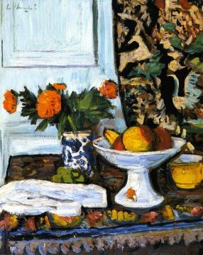 Still LIfe with Fruit and Marigolds in a Chinese Vase Artwork by George Leslie Hunter