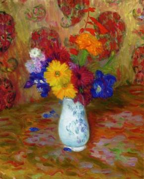 Flowers Against a Palm Leaf Pettern Artwork by William James Glackens