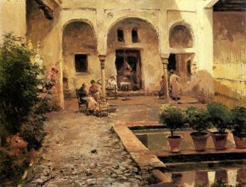 Figures In A Spanish Courtyard Artwork by Manuel Garcia y Rodriguez
