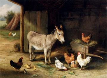 Donkey, Hens And Chickens In A Barn Artwork by Edgar Hunt