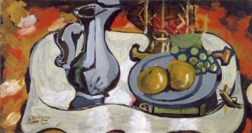 Pewter Pot and Plate of Fruit Artwork by Georges Braque