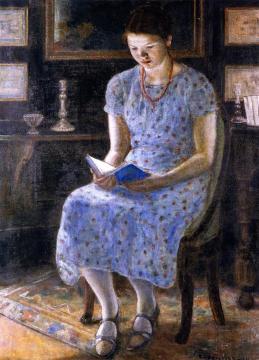Blue Girl Reading Artwork by Frederick Carl Frieseke