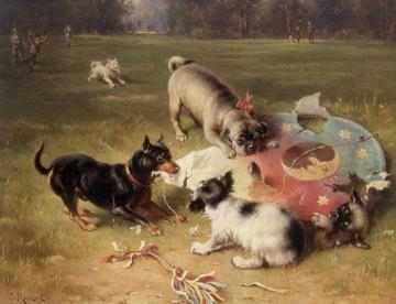 Fighting With the Kite - Manchester Terrier, Pug and King Charles Spaniel Artwork by Carl Reichert