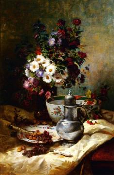 Country Bouquet with a Place of Raisins and Hazelnuts Artwork by Eugene Henri Cauchois