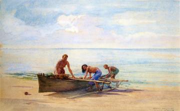 Women Drawing up a Canoe, Vaiala in Samoa, Otaota, Her Mother and a Neighbor Artwork by John La Farge
