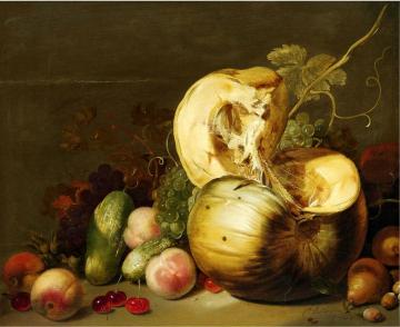 A Still Life with a Pumpkin, peachs, grapes, cherries and other fruits Artwork by Hans Bollongier
