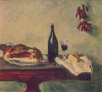 Still Life. Bread, ham and wine. Artwork by Pyotr Konchalovsky