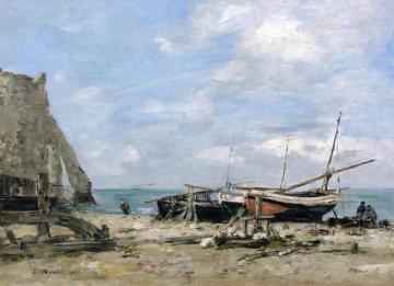 Etretat, Fishing Boats on the Beach and Falaise d'Aval Artwork by Eugène-Louis Boudin