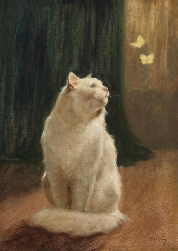 White Cat And Two Brimstone Butterflies Artwork by Arthur Heyer