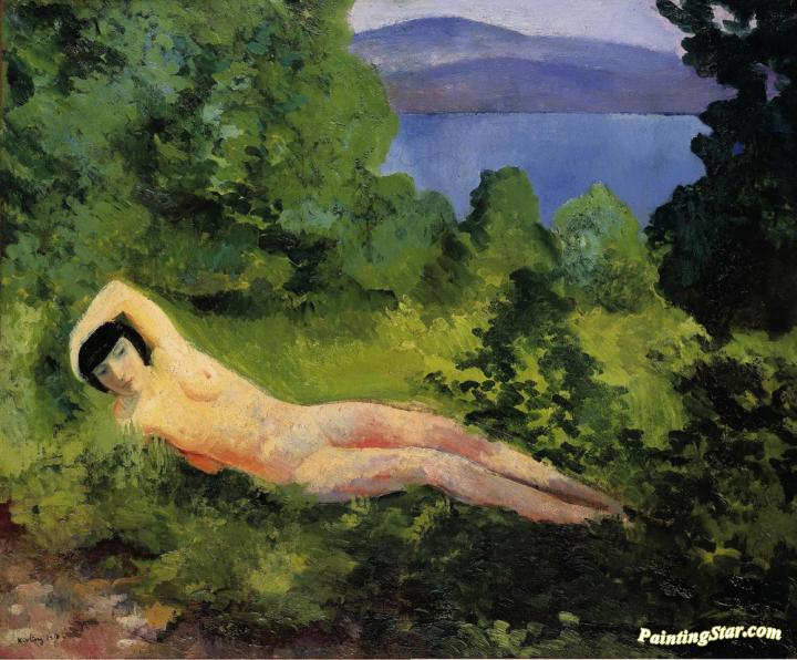 Reclining nude in the leaves Artwork by Moise Kisling