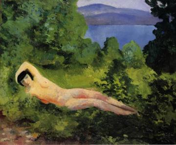 Reclining nude in the leaves Artwork by Moise Kisling