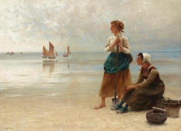 Girls Gathering Oysters, Brittany Artwork by August Wilhelm Nikolaus Hagborg
