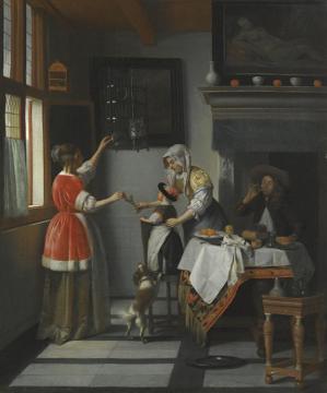 Interior With A Child Feeding A Parrot Artwork by Pieter de Hooch