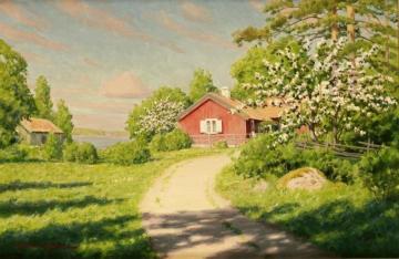 Red House with Fruit Trees Artwork by Johan Krouthén