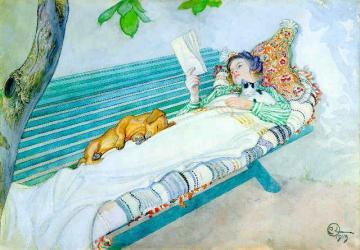 Woman Lying on a Bench Artwork by Carl Larsson