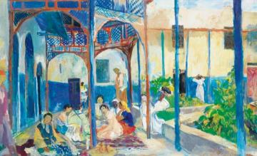Women Gathering in a Courtyard Artwork by Edy Legrand