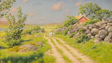 Summer landscape with walking children Artwork by Johan Krouthén