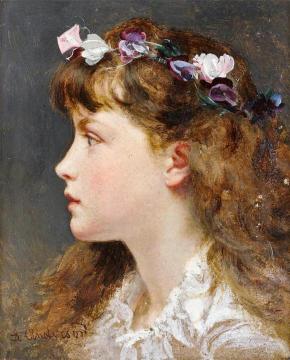A Young Girl With A Garland Of Flowers In Her Hair Artwork by Sophie Anderson