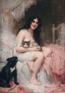 Beauty in Bed with Kitten and Black Dog Artwork by Leon Francois Comerre