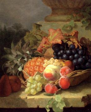 Peaches, Grapes And A Pineapple In A Basket, On A Stone Ledge Artwork by Eloise Harriet Stannard