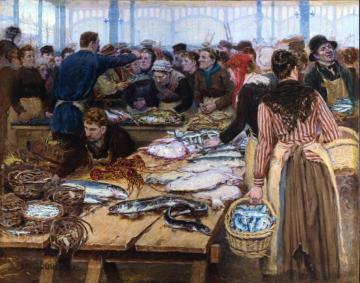 Fish Auction at Les Halles Artwork by Edouard-Jean Dambourgez