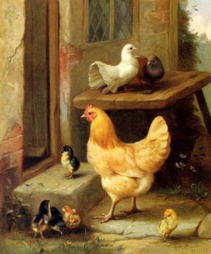 A Hen, Chicks And Pigeons Artwork by Edgar Hunt