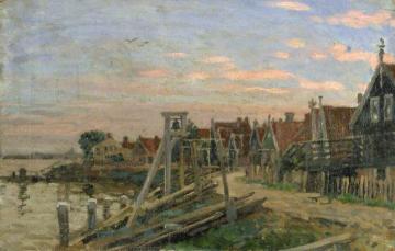 Study of Wooden Houses on a Beach at Sunset (Holland) Artwork by Sir George Clausen