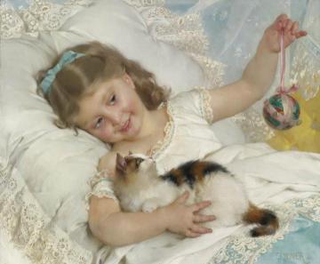 A Girl Playing With Kitten Artwork by Emile Munier