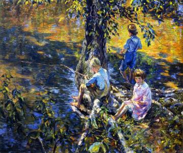 Three Children Fishing Artwork by Roy C. Nuse
