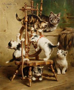 Kittens playing on a spinning wheel Artwork by Carl Reichert