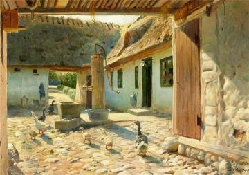 Geese On The Cobblestones In The Courtyard On A Summer Artwork by Peder Mork Monsted
