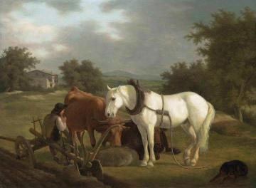 A rural landscape with a ploughman resting with his grey horse, cattle and dog Artwork by Jacques-Laurent Agasse