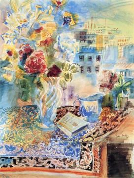 Table with Flowers and Book Artwork by Jean Dufy