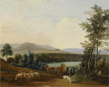 An extensive hilly landscape with a horse-drawn carriage with elegant Artwork by Gerrit Adriaenszoon Berckheyde