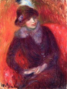 Seated Woman with Fur Neckpiece and Red Background Artwork by William James Glackens