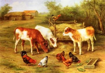 Calves and Chickens Feeding in a Farmyard Artwork by Edgar Hunt