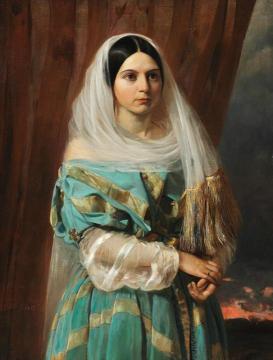 Dark-haired Beauty In A Turquoise Dress Artwork by Elisabeth Jerichau-Baumann