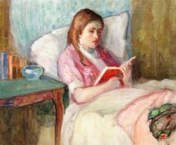 Young Woman Reading In Bed Artwork by Lucien Abrams
